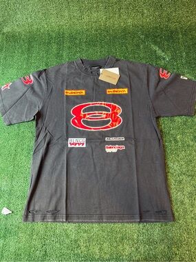 Black Short-Sleeve Tee with Red Graphic Logos